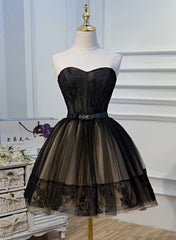 Black and Champagne Tulle Sweetheart Lace Short Party Dress Outfits For Girls, Tulle Homecoming Dresses