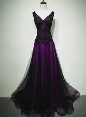Black and Purple V-neckline A-line Prom Dress Outfits For Girls, Tulle with Lace Party Dress