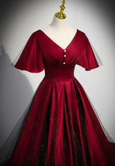 Black and Red V-neckline Long Satin Prom Dress Outfits For Girls,Chic Long A-line Party Dress