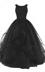 Black Ball Gown Scoop Neck Organza Sleeveless Beading Long Prom Dress