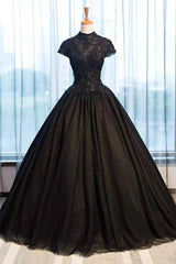 Black Cap Sleeves Long Tulle Party Dress Outfits For Girls, Black Prom Dress
