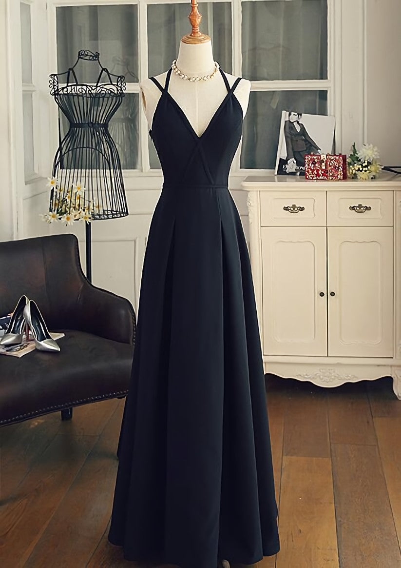 Black Chiffon Straps Long A-line Junior Prom Dress Outfits For Girls, Black Party Gowns