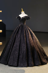 Black Floor Length V-neck Off the Shoulder Formal Dress Outfits For Girls, Black A-Line Evening Dress