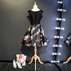 Black Floral Satin and Lace Round Neckline Short Party Dress Outfits For Women Prom Dress Outfits For Girls, Black Homecoming Dresses