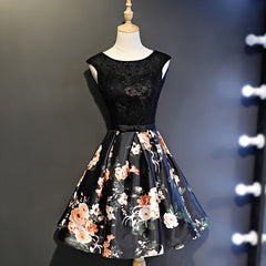 Black Floral Satin and Lace Round Neckline Short Party Dress Outfits For Women Prom Dress Outfits For Girls, Black Homecoming Dresses