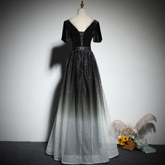 Black Gradient tulle and Velvet Short Sleeves V-neckline Tulle Party Dress Outfits For Girls, Black Tulle Prom Dress