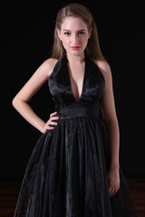 Black Halter Deep V neck Backless Tulle Floro Length Prom Dresses