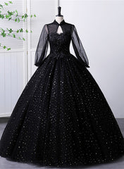 Black High Neckline Long Sleeves Tulle Sweet 16 Dress Outfits For Girls, Black Ball Gown Formal Dress