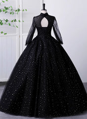Black High Neckline Long Sleeves Tulle Sweet 16 Dress Outfits For Girls, Black Ball Gown Formal Dress
