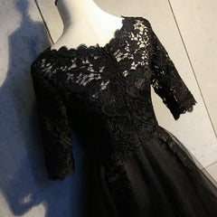 Black Lace and Tulle Short Sleeves Party Dresses For Black girls Formal Dress Outfits For Girls, Black Homecoming Dresses