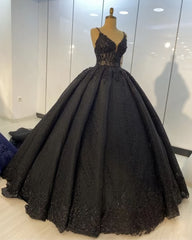 Black lace ball gown Dresses For Black girls for wedding , spaghetti straps prom dress