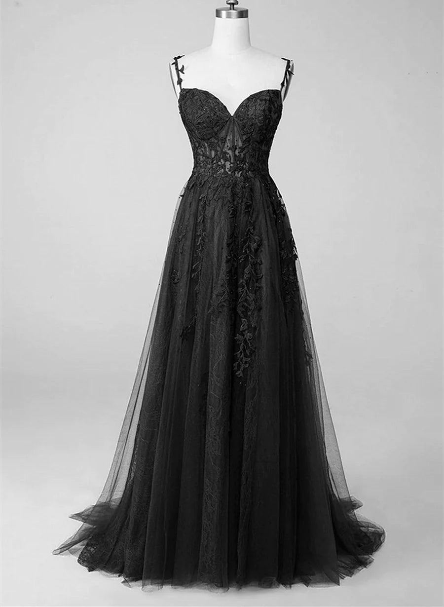 Black Lace Straps Beaded A-line Prom Dress Outfits For Women Party Dress Outfits For Girls, Black Floor Length Formal Dress