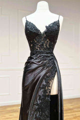 Black Long Appliques Prom Dress Outfits For Women with Spaghetti Straps,Vintage Formal Dresses