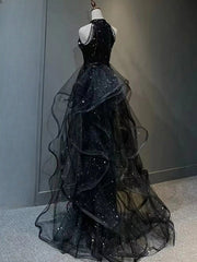 Black Long Mermaid Halter Sequined Tulle Formal Prom Dresses
