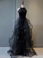 Black Long Mermaid Halter Sequined Tulle Formal Prom Dresses