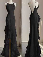 Black Mermaid Beach Wedding Dress Outfits For Women With Ruffles, Spaghetti Straps Backless Prom Gown