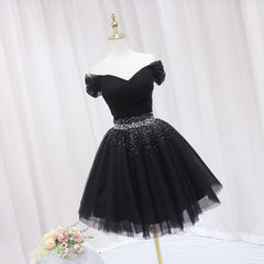 Black Off Shoulder Beaded Tulle Short Prom Dress Outfits For Girls, Black Homecoming Dress Outfits For Women Formal Dress