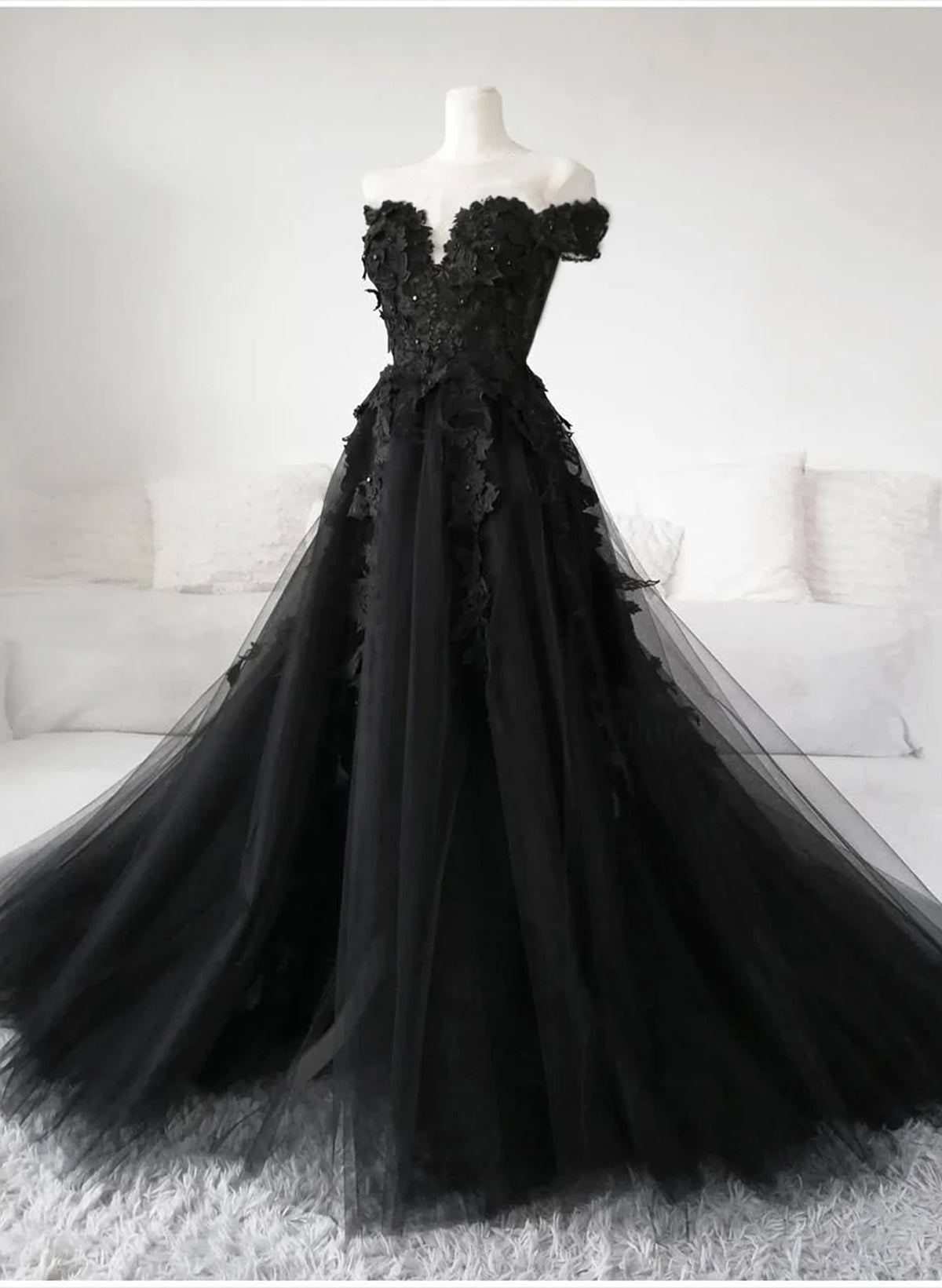 Black Off Shoulder Formal Dress Outfits For Women with Lace, Black Tulle Off Shoulder Prom Dress