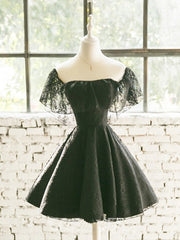 Black Off Shoulder Lace Sweetheart Lovely Short Homecoming Dress Outfits For Girls, Black Party Dress
