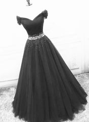 Black Off Shoulder Tulle Lace Beaded A-line Prom Dress Outfits For Girls, Black Junior Party Dresses