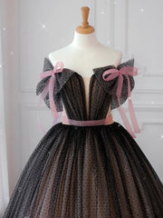 Black off shoulder tulle long prom Dress Outfits For Girls, black tulle formal dress
