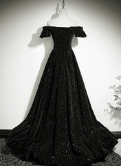 Black Off Shoulder Velvet Long Party Dress Outfits For Women Prom Dress Outfits For Girls, Black Simple Evening Dress