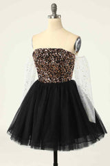 Black Off-the-Shoulder A-line Long Sleeves Sequins Mini Homecoming Dress