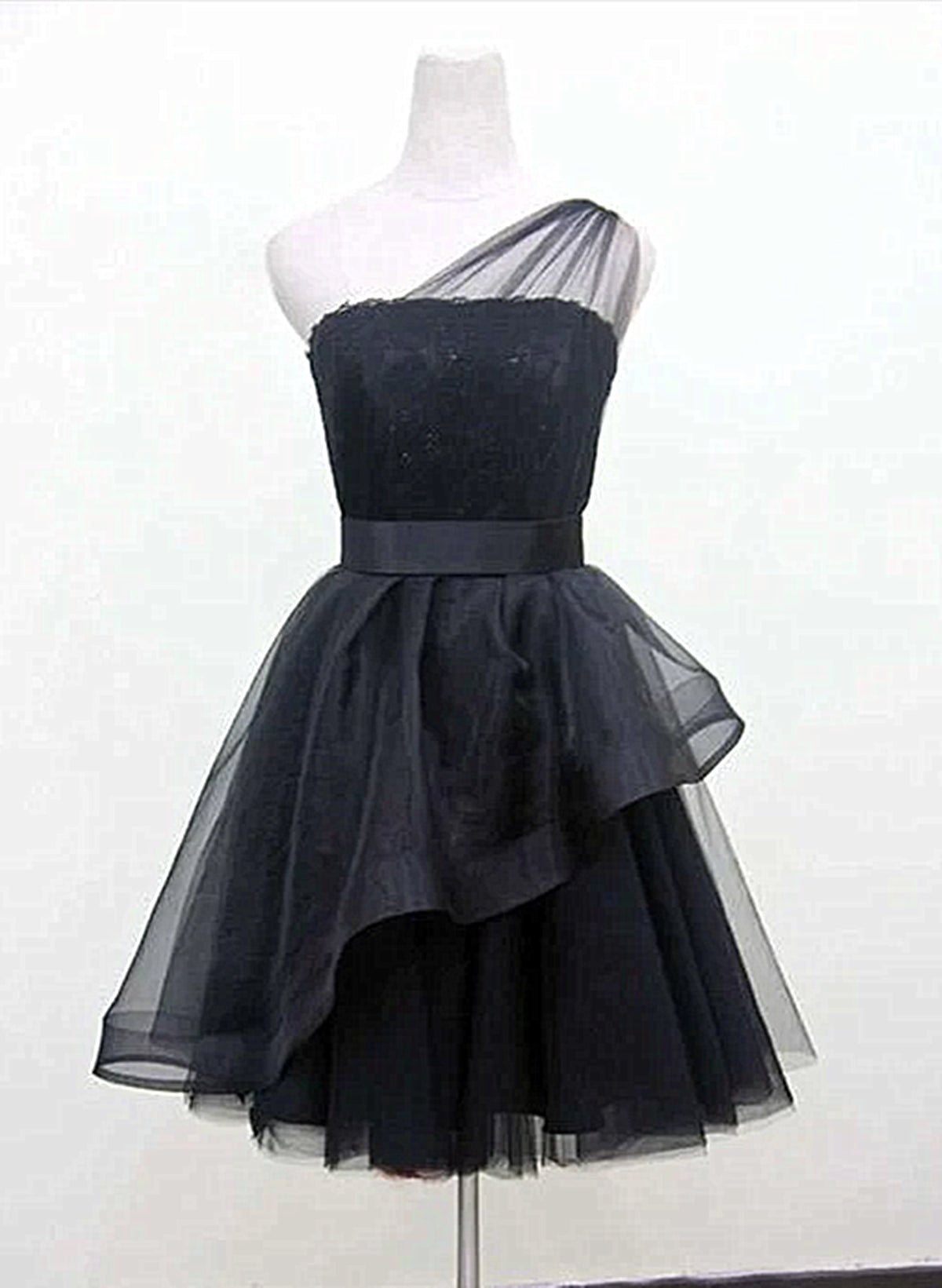 Black One Shoulder Tulle Short Formal Dress Outfits For Girls, Black Homecoming Dress