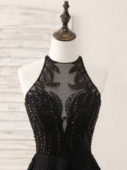 Black Round Neck Lace Beads Short Prom Dress Outfits For Girls, Black Homecoming Dress