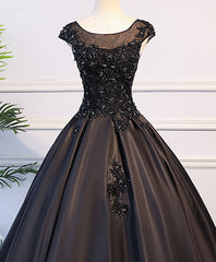 Black Round Neck Lace Long Prom Dress Outfits For Girls, Black Evening Dress