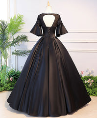 Black Round Neck Satin Lace Long Prom Dress Outfits For Girls, Sweet 16 Dress
