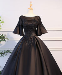 Black Round Neck Satin Lace Long Prom Dress Outfits For Girls, Sweet 16 Dress