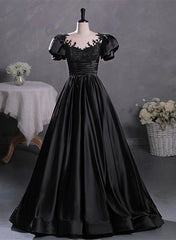 Black Satin A-line Floor Length Long Party Dress Outfits For Women with Lace, Black Long Formal Dress
