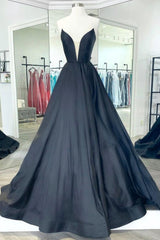 Black Satin Long A-Line Prom Dress Outfits For Girls,Women Evening Party Dresses