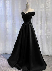 Black Satin Off Shoulder Long Simple Evening Dress Outfits For Women Formal Dress Outfits For Girls, Black Party Dresses