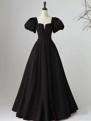 Black Satin Puffy Sleeves Long Evening Party Dress Outfits For Girls, Black Long Prom Dress