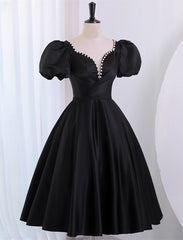 Black Satin Short Sleeves Knee Length Party Dress Outfits For Girls, Black Homecoming Dress