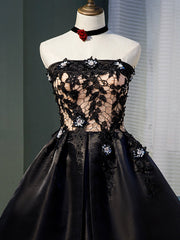 Black Satin with Lace Knee Length Prom Dress Outfits For Women Homecoming Dress Outfits For Girls, Black Party Dresses