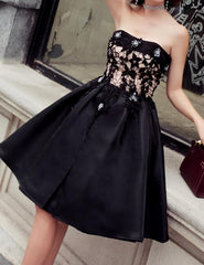 Black Satin with Lace Knee Length Prom Dress Outfits For Women Homecoming Dress Outfits For Girls, Black Party Dresses
