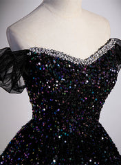 Black Sequins Off Shoulder Beaded Party Dress Outfits For Girls, A-line Black Formal Dress