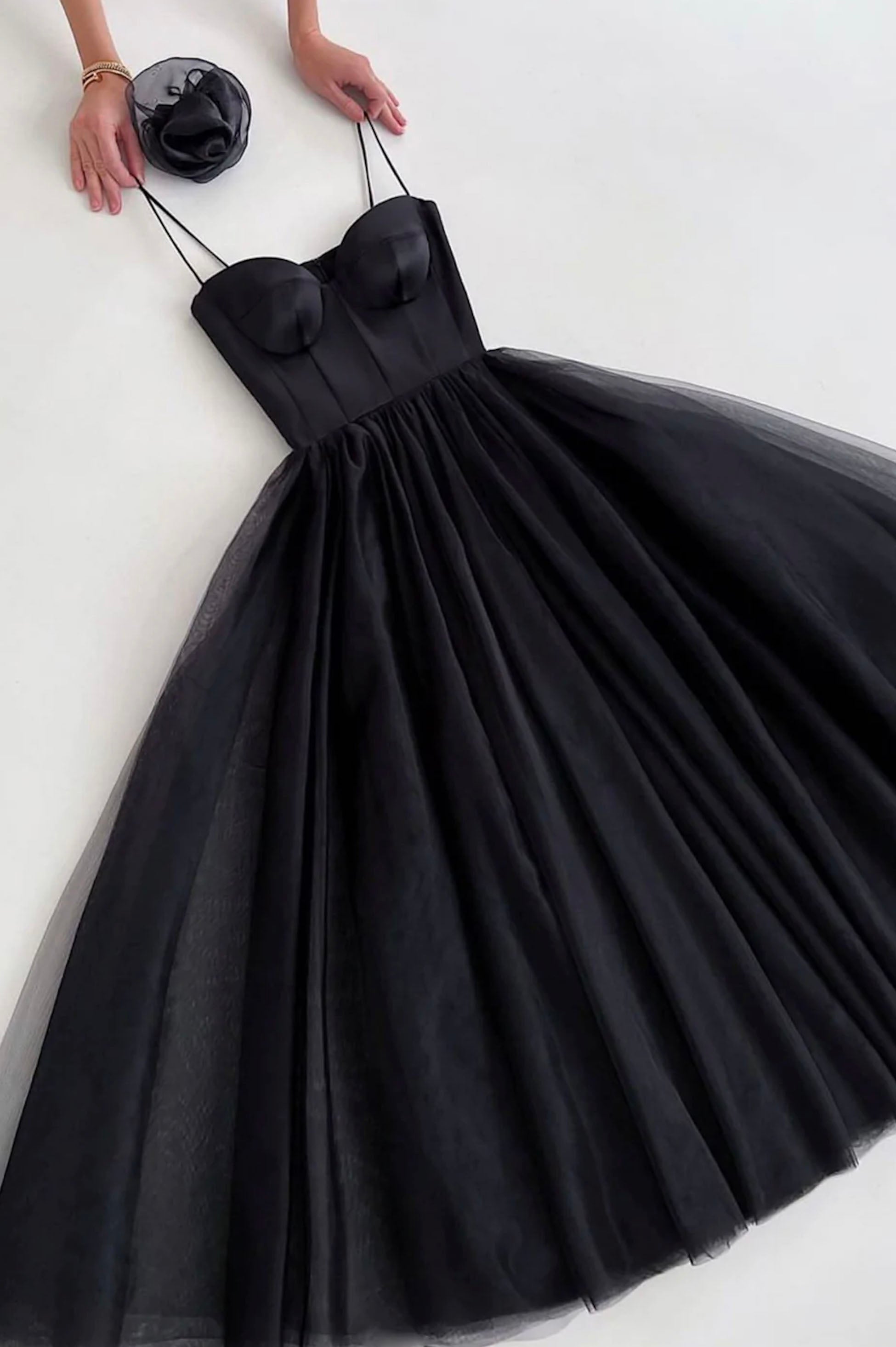 Black Spaghetti Tulle Short Prom Dress Outfits For Girls, Black Homecoming Party Dress
