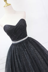 Black Strapless Shiny Tulle Tea Length Prom Dress Outfits For Girls, Black A-Line Homecoming Dress