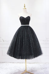 Black Strapless Shiny Tulle Tea Length Prom Dress Outfits For Girls, Black A-Line Homecoming Dress