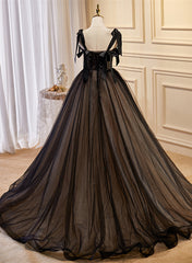 Black Straps Tulle with Lace Long Formal Dress Outfits For Girls, Black A-line Prom Dress