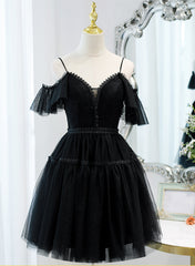 Black Sweetheart Straps Tulle Homecoming Dress Outfits For Girls, Black Off Shoulder Prom Dress