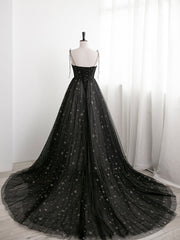 Black Sweetheart Tulle Straps Long Formal Dress Outfits For Girls, Black Evening Party Dresses