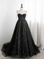 Black Sweetheart Tulle Straps Long Formal Dress Outfits For Girls, Black Evening Party Dresses