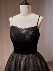 Black Tulle and Lace Straps Short Party Dress Outfits For Girls, Black Homecoming Dress