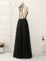 Black Tulle Backless Long Prom Dress Outfits For Girls, Black Evening Dress