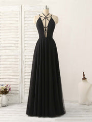Black Tulle Backless Long Prom Dress Outfits For Girls, Black Evening Dress